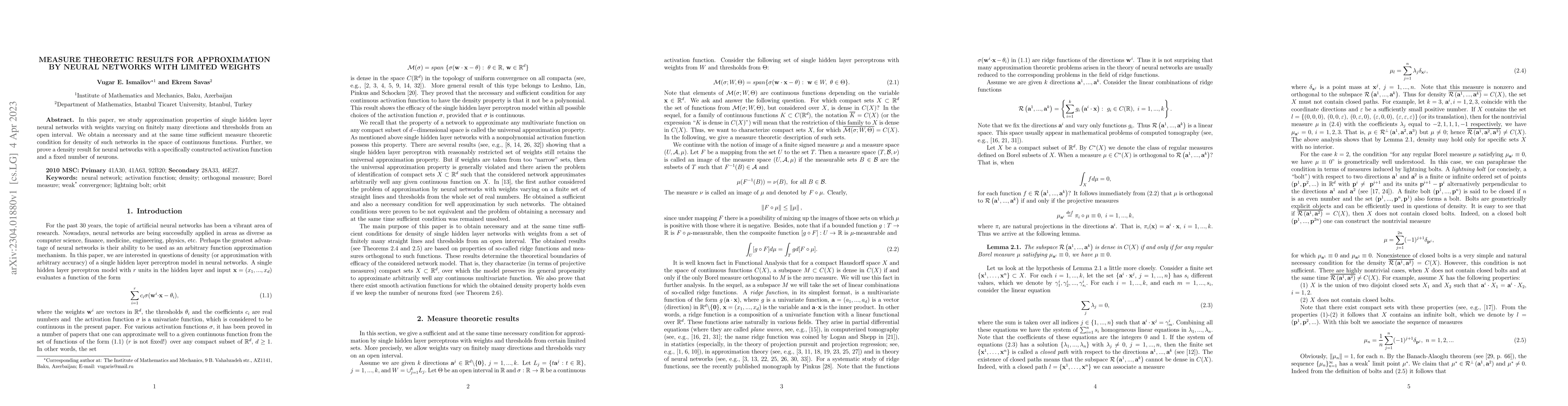Thumbnail for Measure theoretic results for approximation by neural networks with
  limited weights
