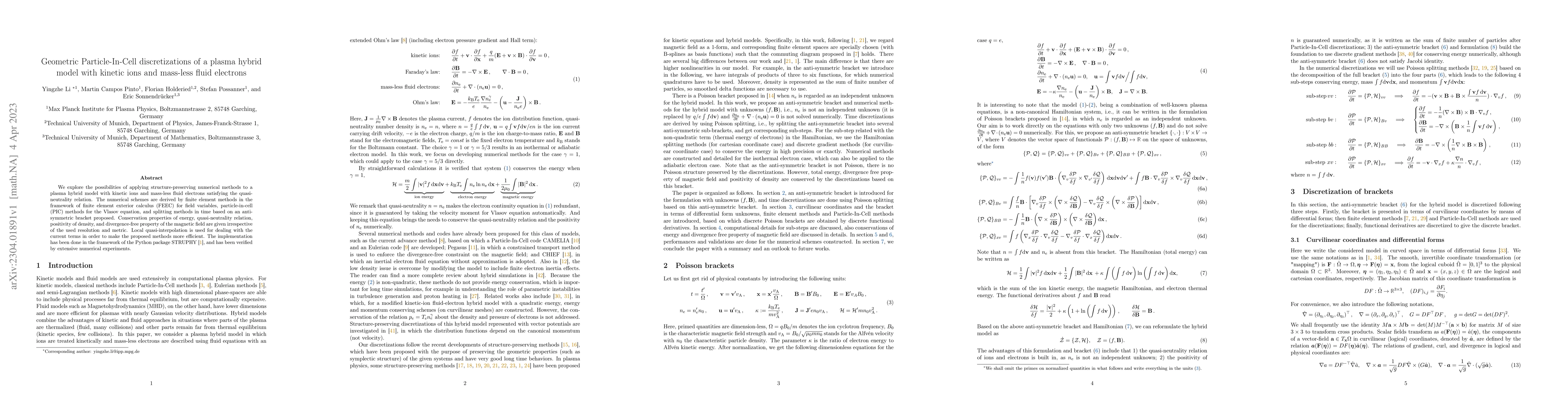 Thumbnail for Geometric Particle-In-Cell discretizations of a plasma hybrid model with
  kinetic ions and mass-less fluid electrons
