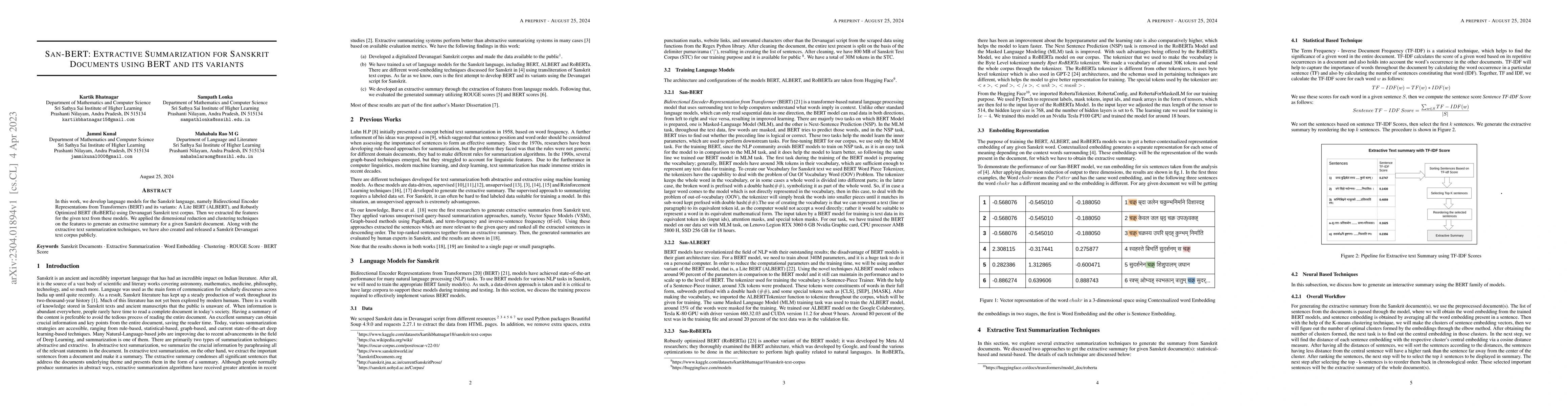Thumbnail for San-BERT: Extractive Summarization for Sanskrit Documents using BERT and
  it's variants