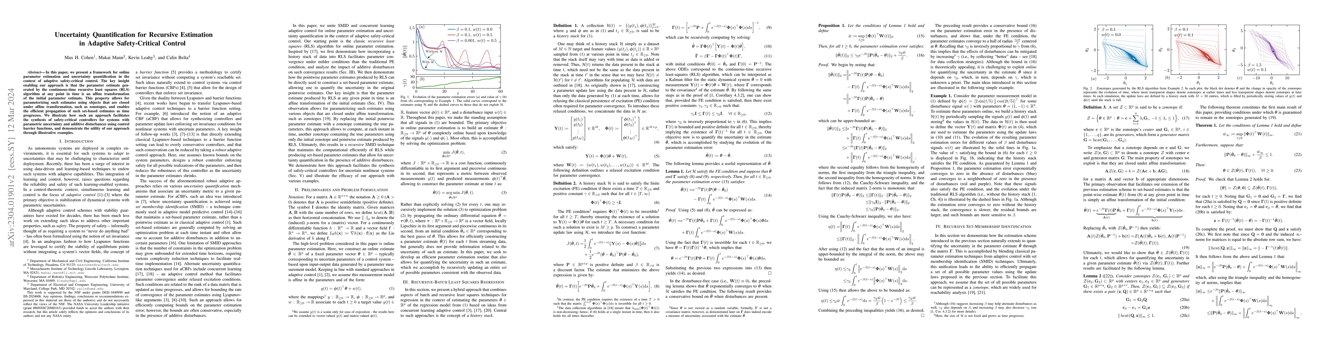 Thumbnail for Uncertainty Quantification for Recursive Estimation in Adaptive
  Safety-Critical Control