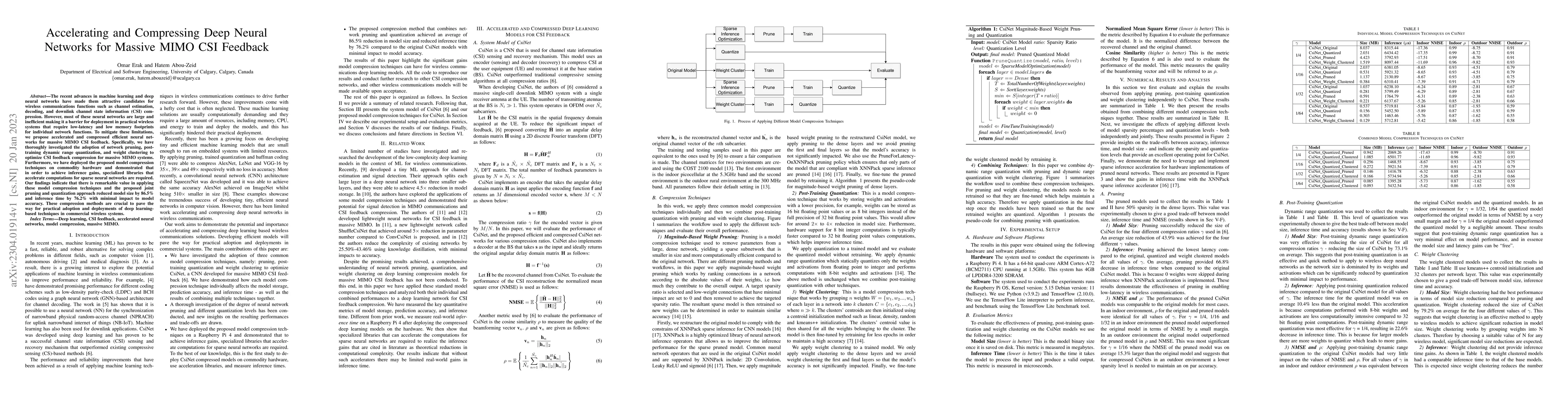 Thumbnail for Accelerating and Compressing Deep Neural Networks for Massive MIMO CSI
  Feedback
