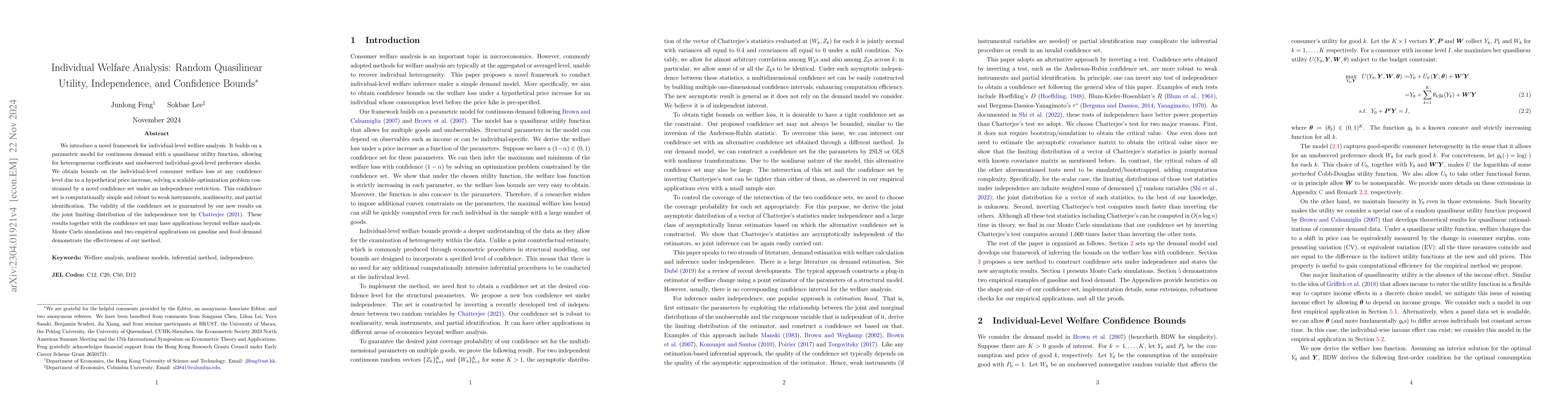 Thumbnail for Individual Welfare Analysis: Random Quasilinear Utility, Independence,
  and Confidence Bounds