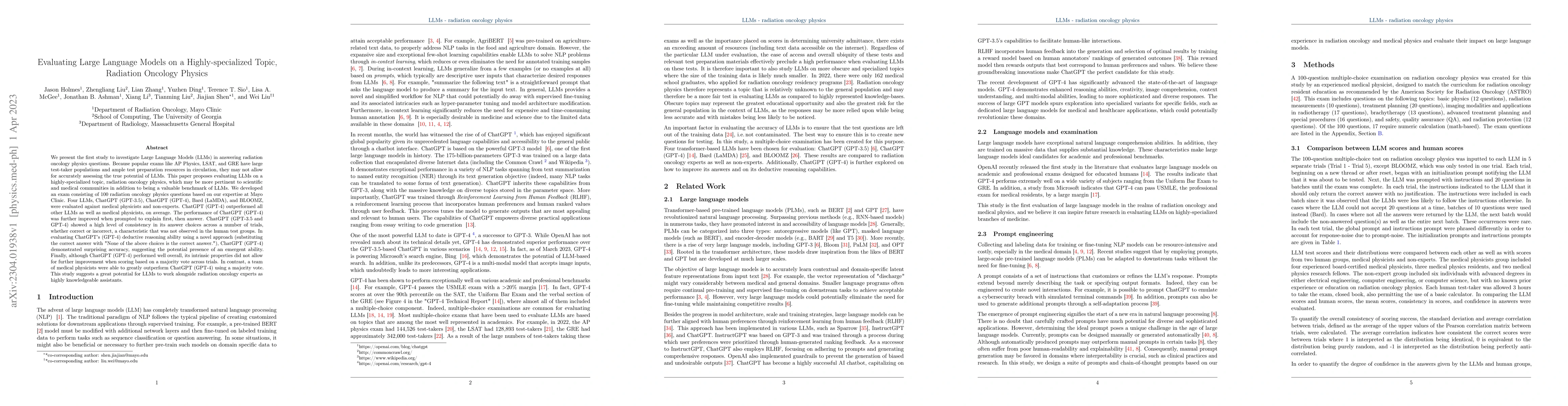 Thumbnail for Evaluating Large Language Models on a Highly-specialized Topic,
  Radiation Oncology Physics