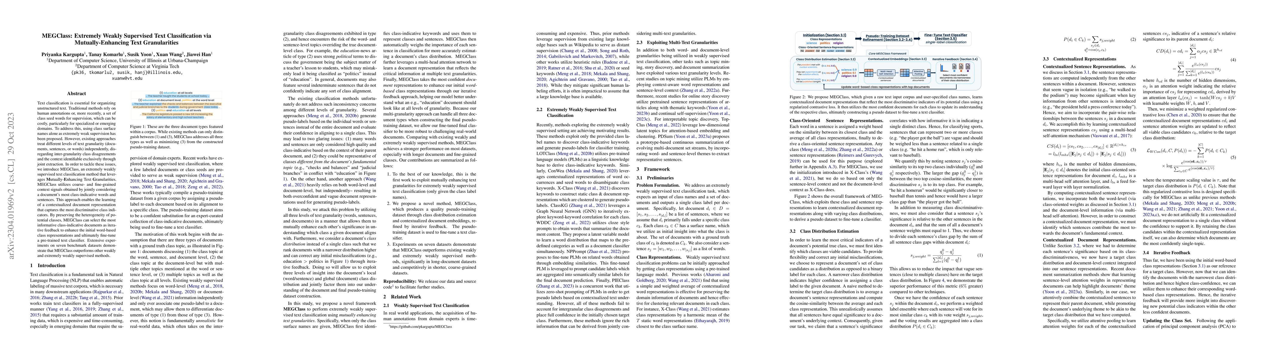Thumbnail for MEGClass: Extremely Weakly Supervised Text Classification via
  Mutually-Enhancing Text Granularities