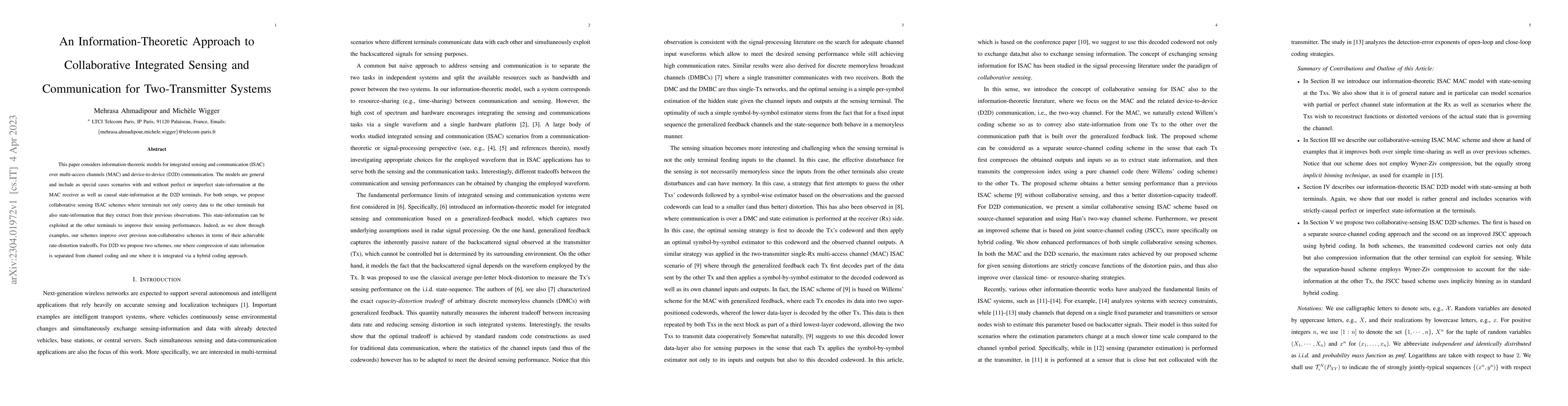 Thumbnail for An Information-Theoretic Approach to Collaborative Integrated Sensing
  and Communication for Two-Transmitter Systems