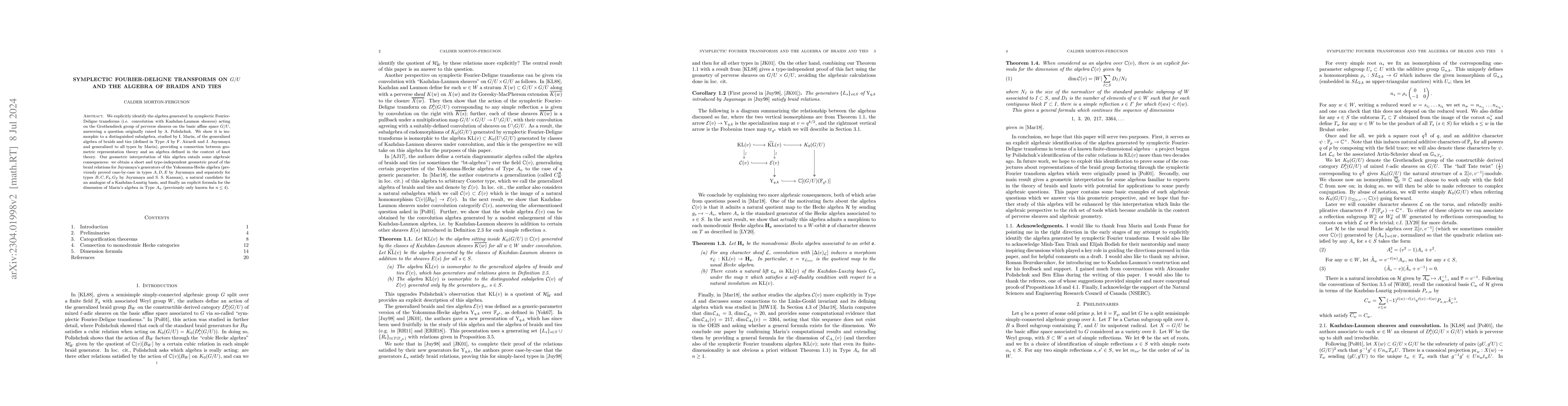 Thumbnail for Symplectic Fourier-Deligne transforms on G/U and the algebra of braids
  and ties