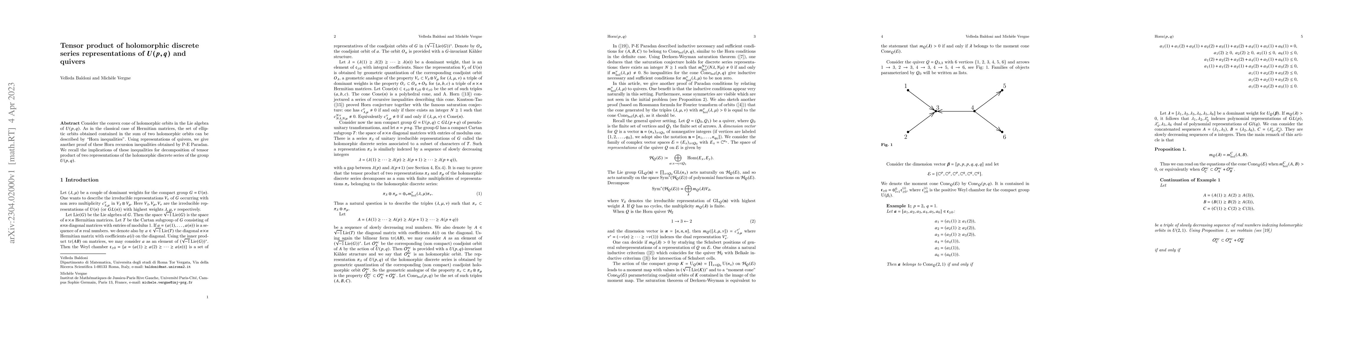 Thumbnail for Tensor product of holomorphic discrete series representations of U(p,q)
  and quivers