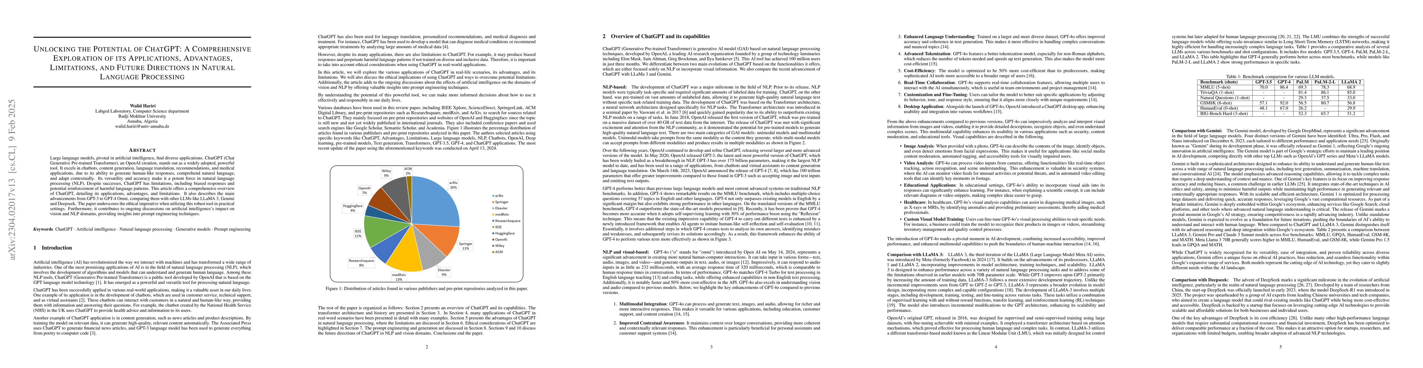 Thumbnail for Unlocking the Potential of ChatGPT: A Comprehensive Exploration of its
  Applications, Advantages, Limitations, and Future Directions in Natural
  Language Processing