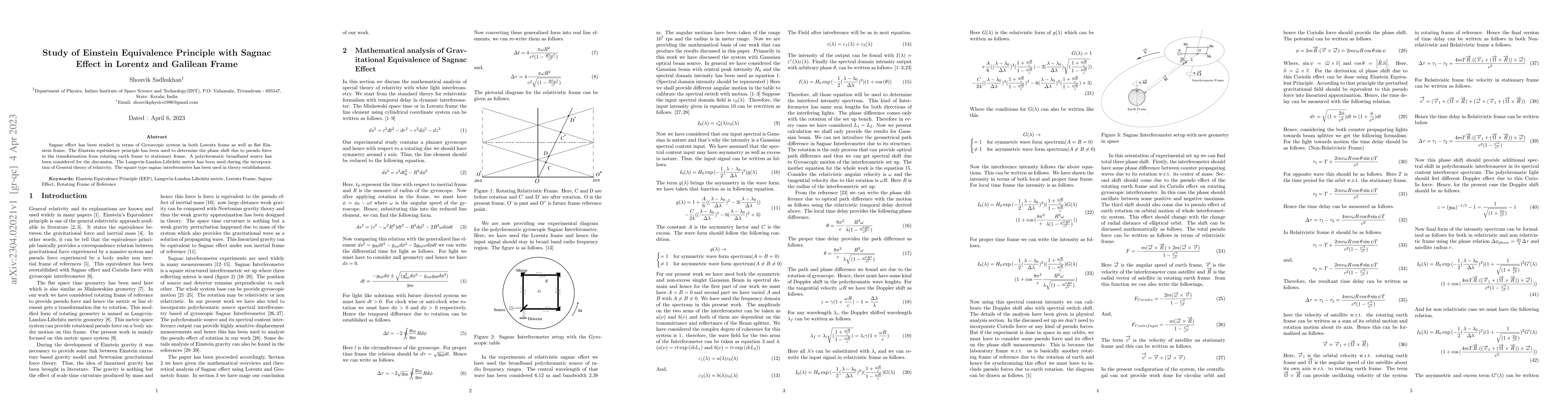 Thumbnail for Study of Einstein Equivalence Principle with Sagnac Effect in Lorentz
  and Galilean Frame