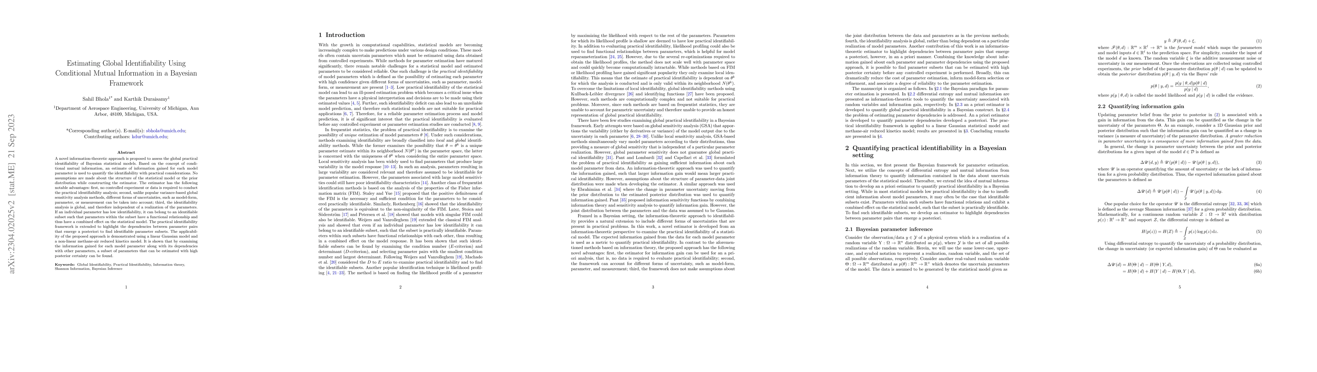 Thumbnail for Estimating Global Identifiability Using Conditional Mutual Information
  in a Bayesian Framework