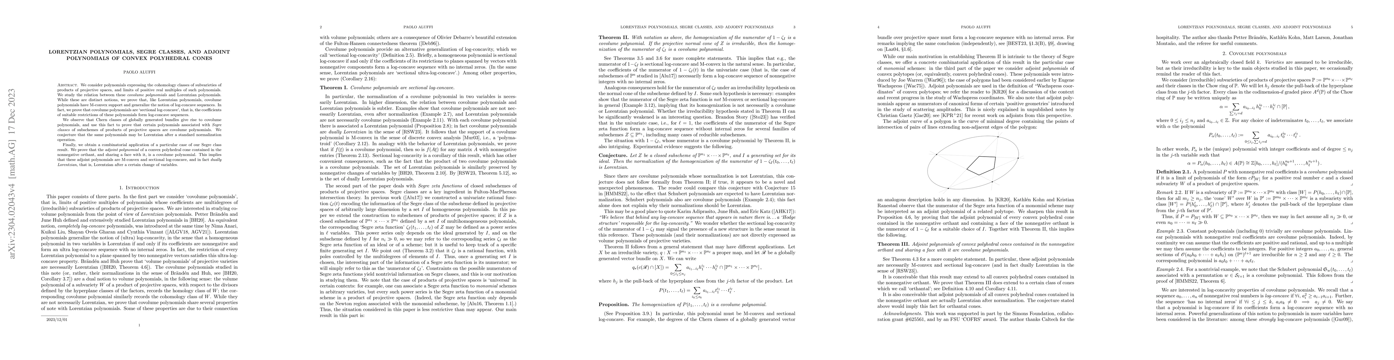 Thumbnail for Lorentzian polynomials, Segre classes, and adjoint polynomials of convex
  polyhedral cones