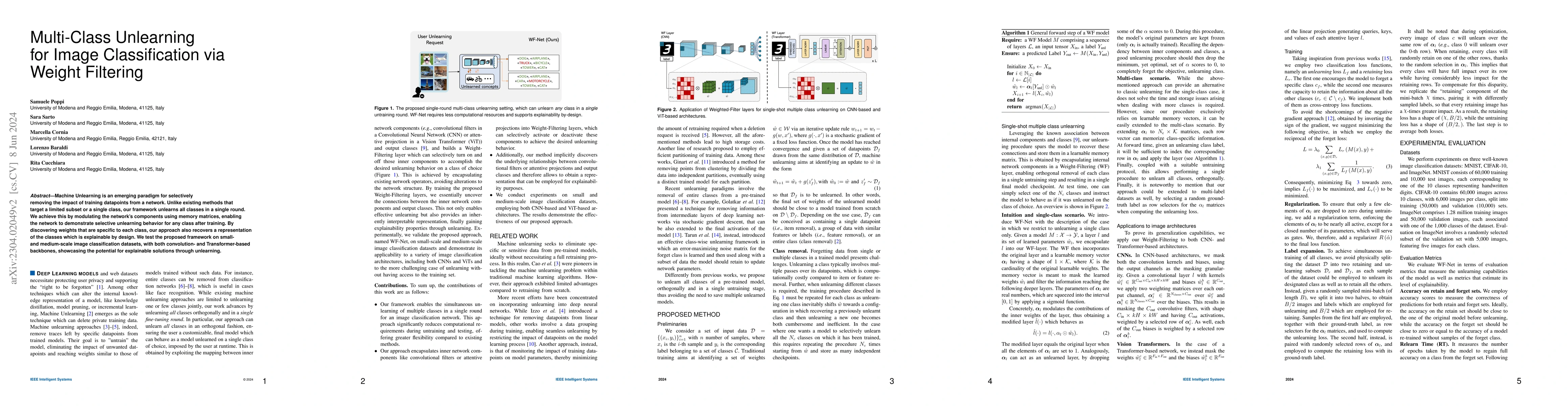 Thumbnail for Multi-Class Unlearning for Image Classification via Weight Filtering