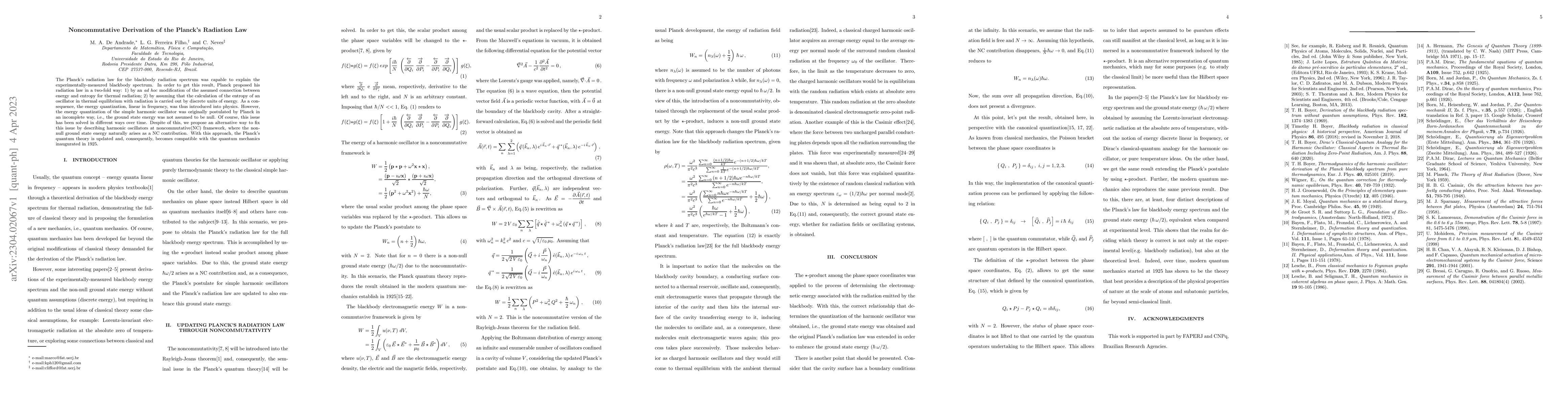 Thumbnail for Noncommutative Derivation of the Planck's Radiation Law