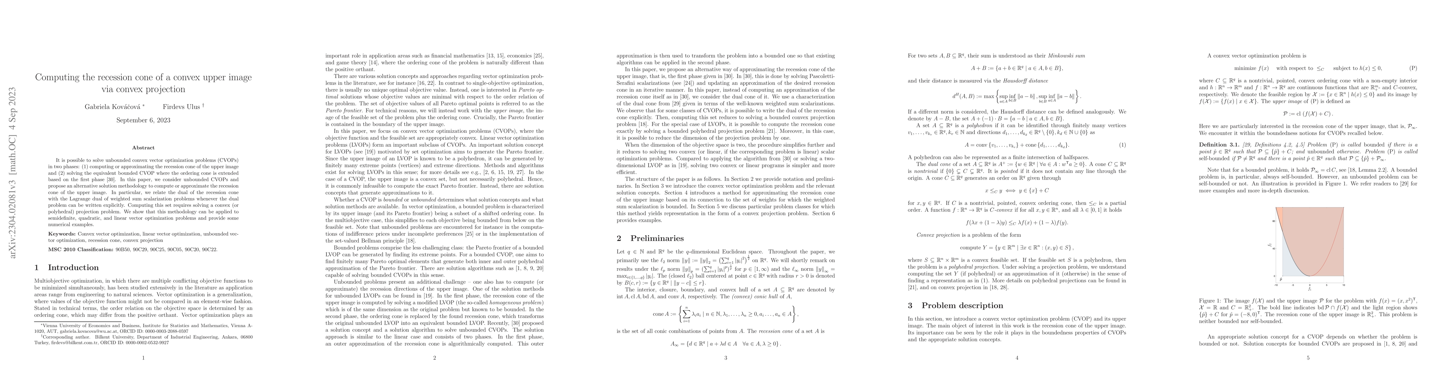 Thumbnail for Computing the recession cone of a convex upper image via convex
  projection