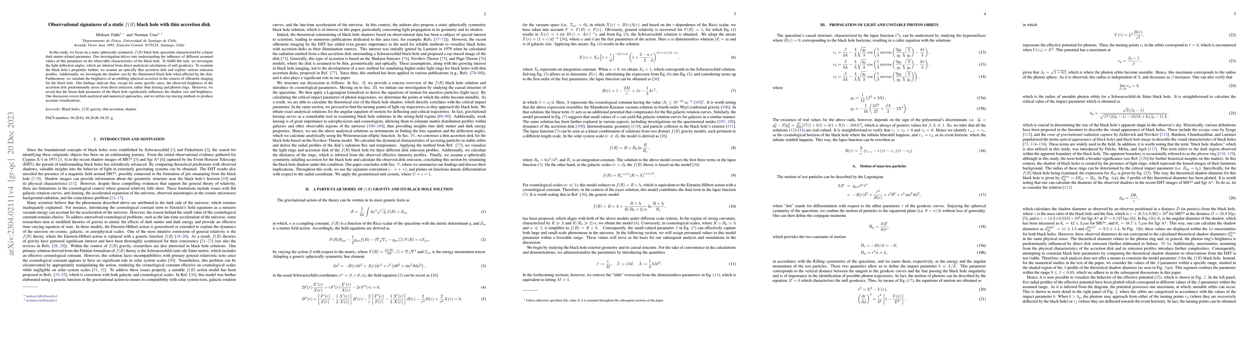 Thumbnail for Observational signatures of a static $f(R)$ black hole with thin
  accretion disk