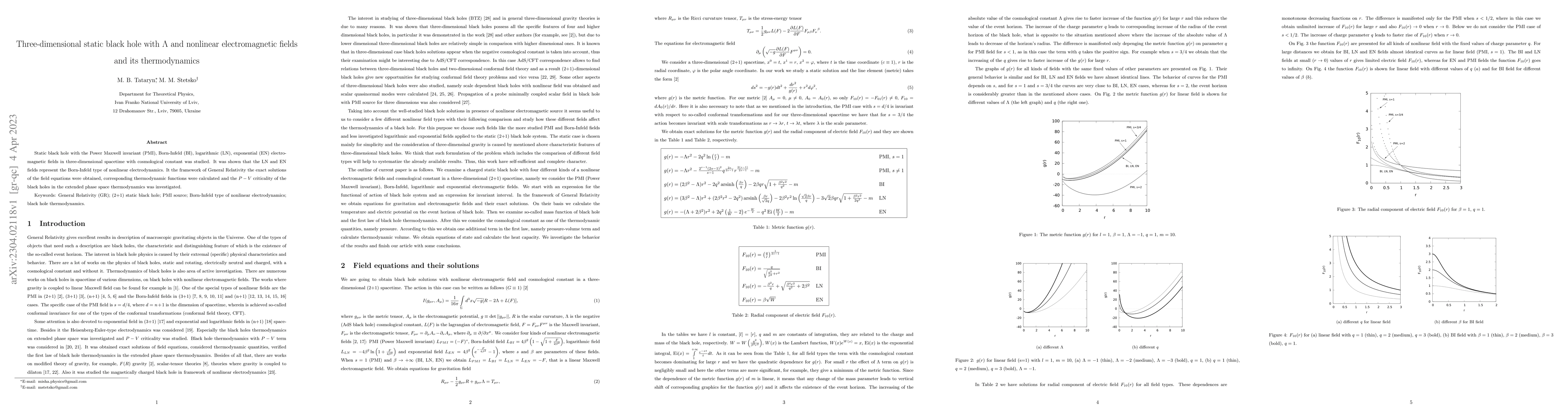 Thumbnail for Three-dimensional static black hole with $\Lambda$ and nonlinear
  electromagnetic fields and its thermodynamics