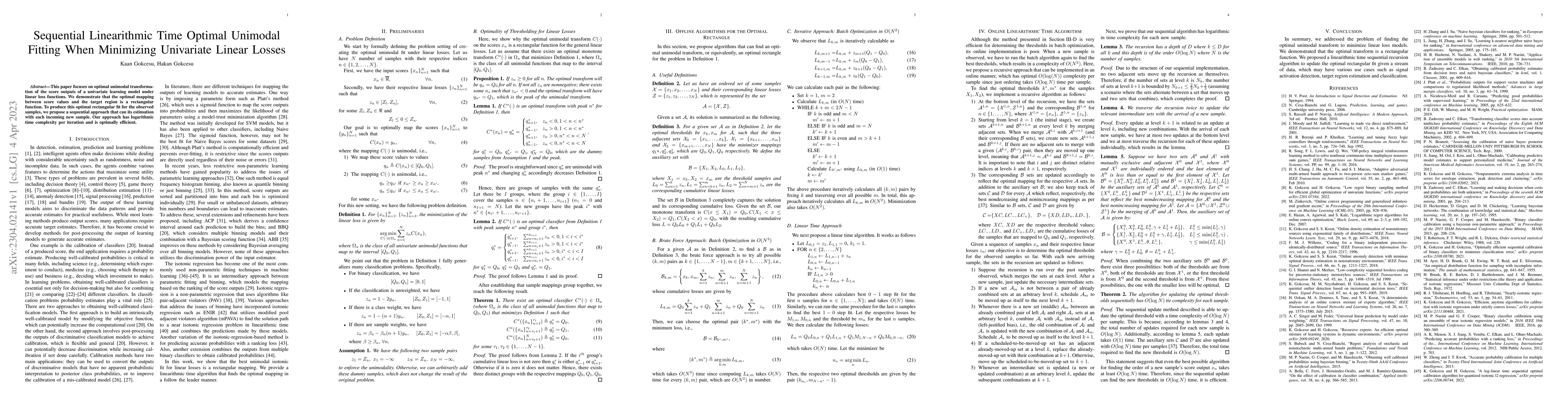 Thumbnail for Sequential Linearithmic Time Optimal Unimodal Fitting When Minimizing
  Univariate Linear Losses