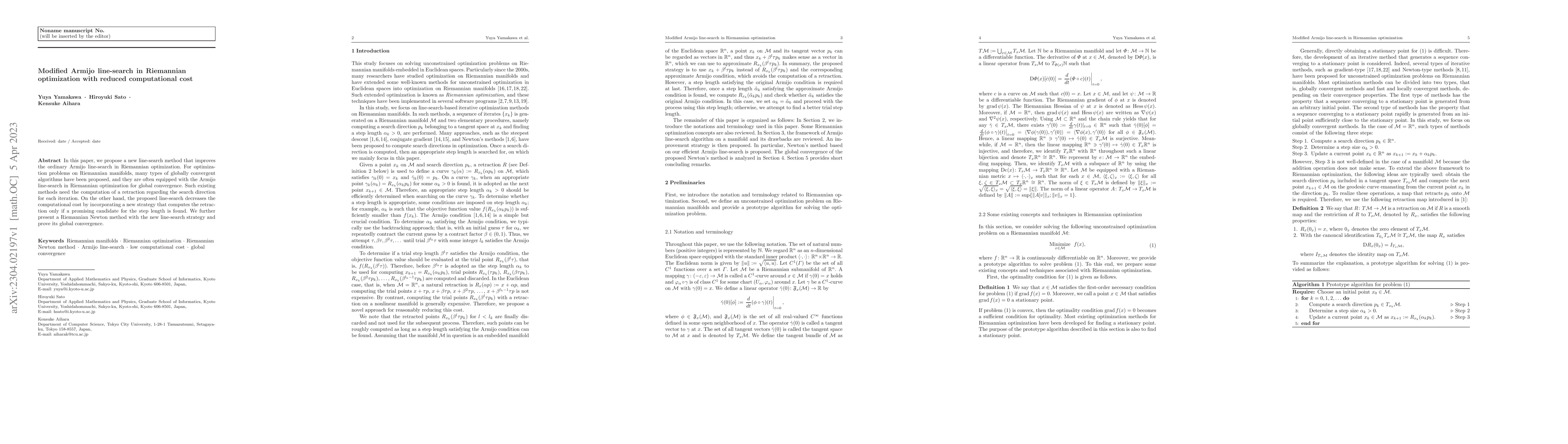 Thumbnail for Modified Armijo line-search in Riemannian optimization with reduced
  computational cost