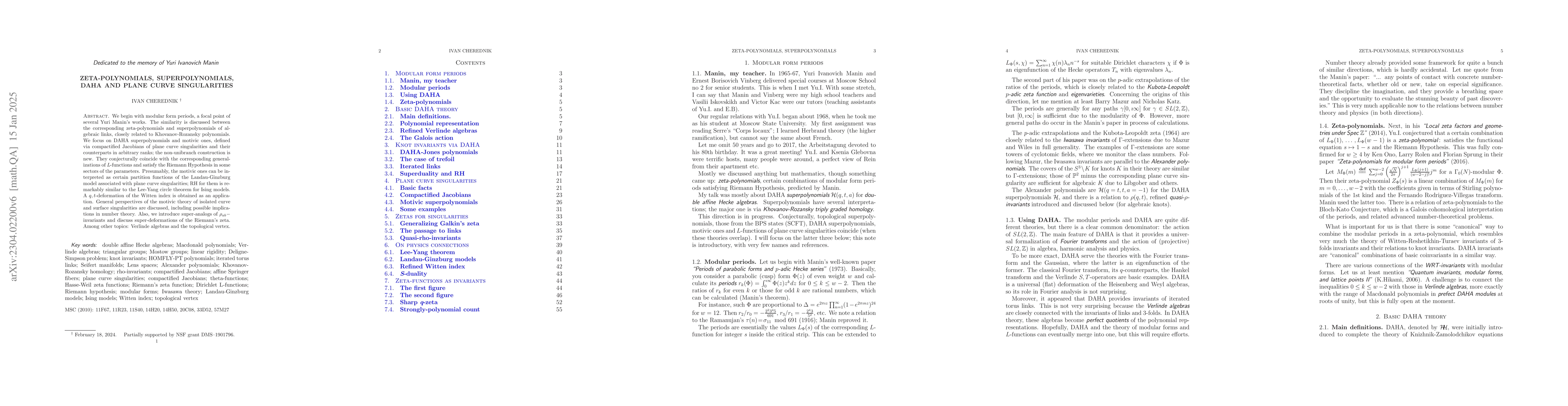 Thumbnail for Zeta-polynomials, superpolynomials, DAHA and plane curve singularities