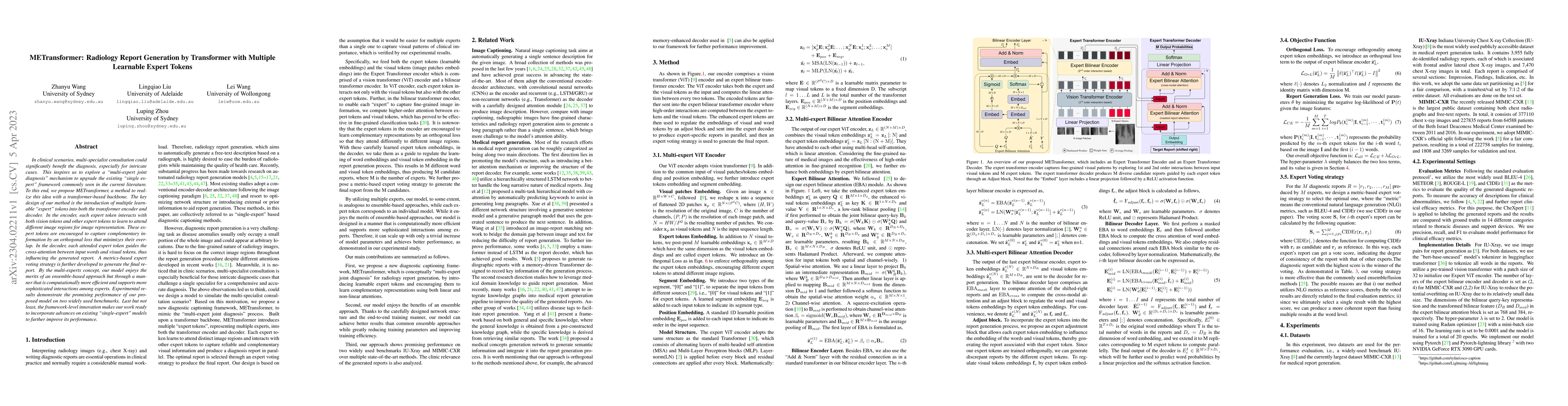 Thumbnail for METransformer: Radiology Report Generation by Transformer with Multiple
  Learnable Expert Tokens