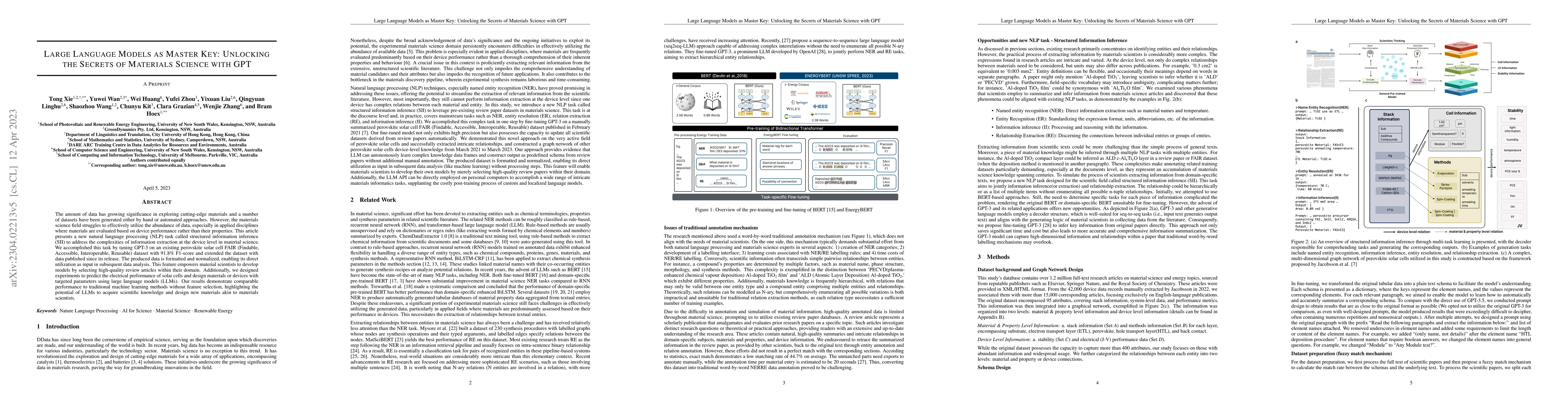Thumbnail for Large Language Models as Master Key: Unlocking the Secrets of Materials
  Science with GPT