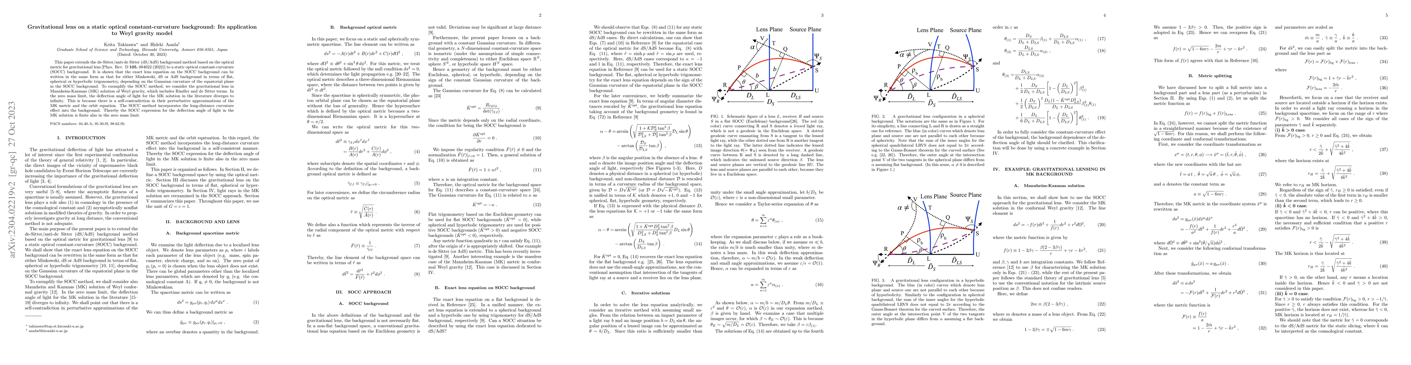 Thumbnail for Gravitational lens on a static optical constant-curvature background:
  Its application to Weyl gravity model