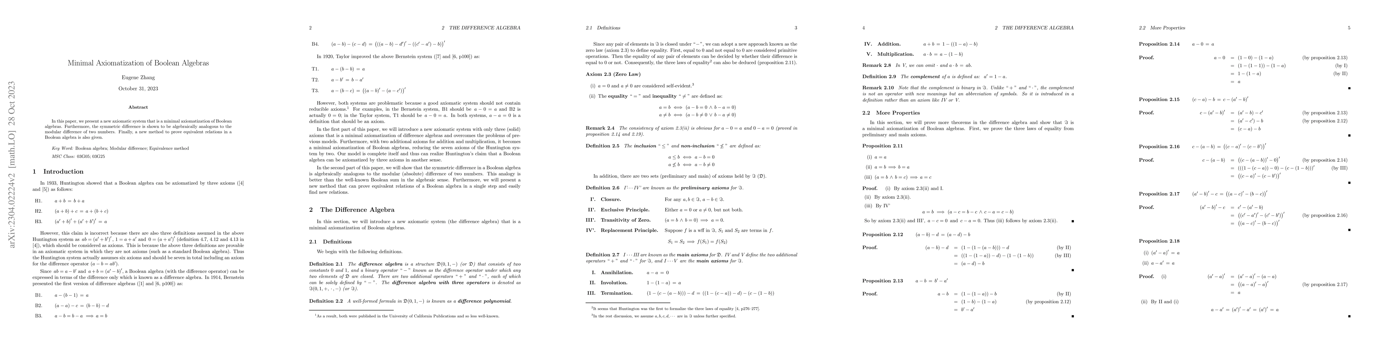 Thumbnail for Minimal Axiomatization of Boolean Algebras