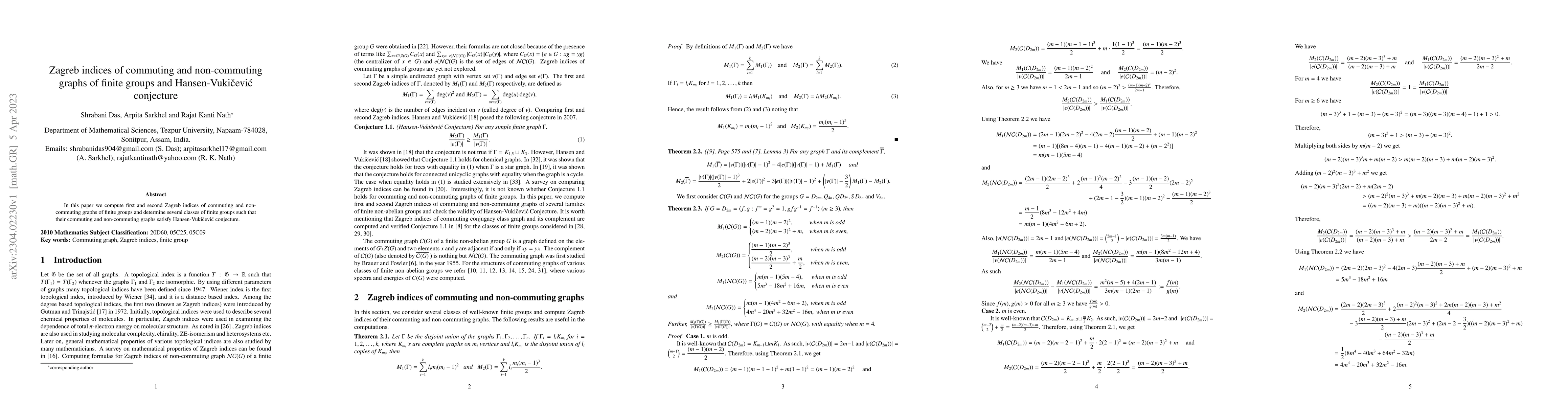 Thumbnail for Zagreb indices of commuting and non-commuting graphs of finite groups
  and Hansen-Vuki\v{c}evi\'c conjecture