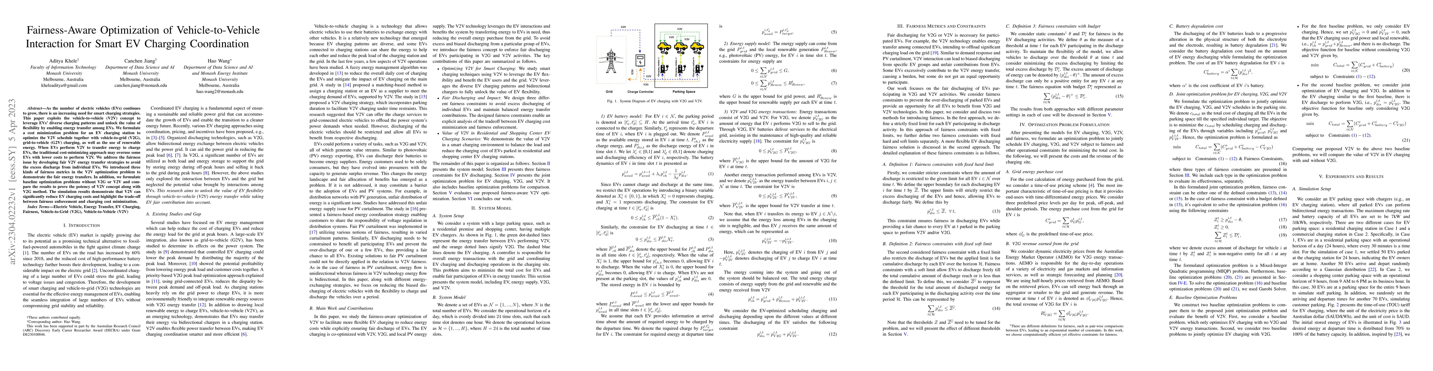Thumbnail for Fairness-Aware Optimization of Vehicle-to-Vehicle Interaction for Smart
  EV Charging Coordination