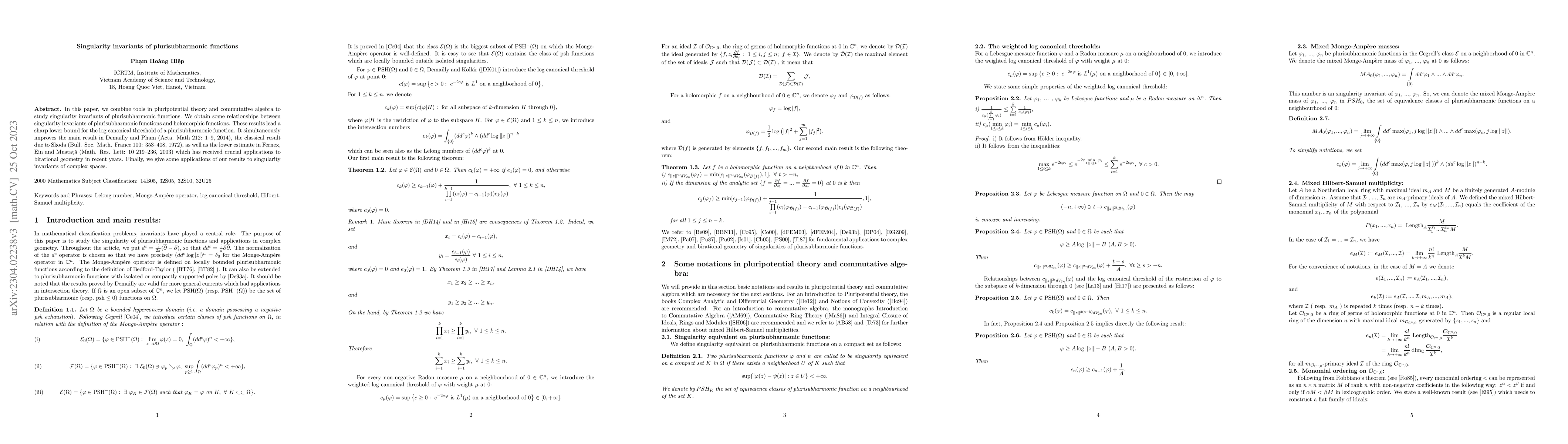 Thumbnail for Singularity invariants of plurisubharmonic functions