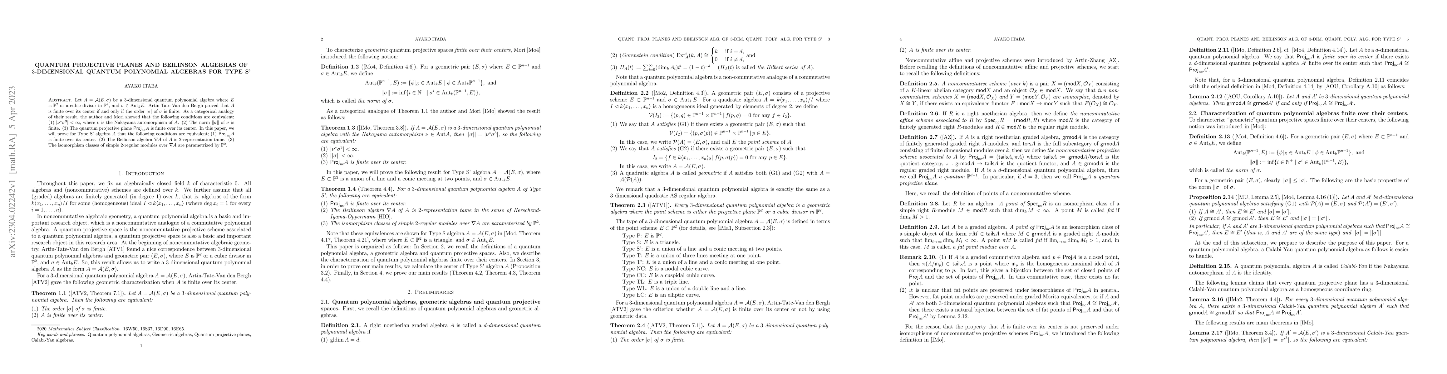 Thumbnail for Quantum projective planes and Beilinson algebras of $3$-dimensional
  quantum polynomial algebras for Type S'