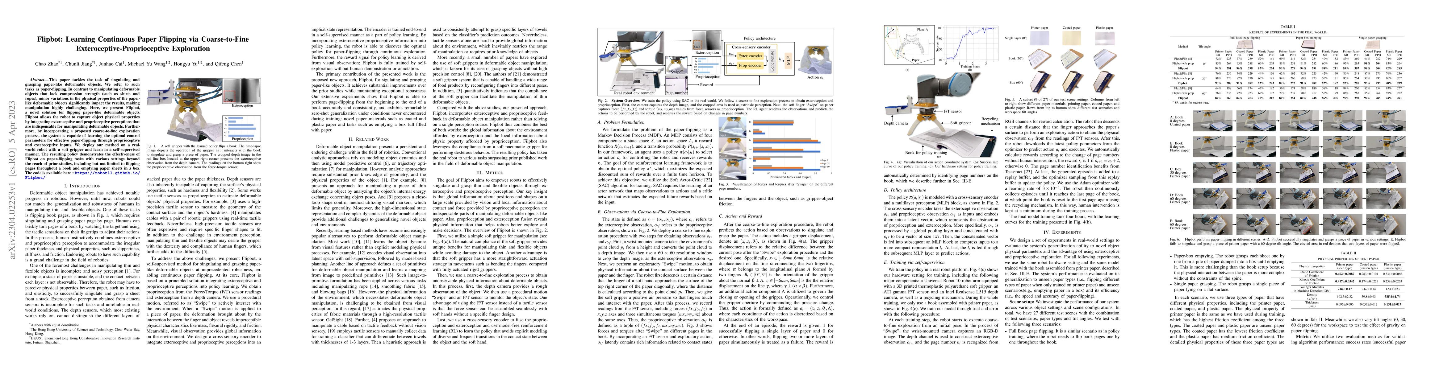 Thumbnail for Flipbot: Learning Continuous Paper Flipping via Coarse-to-Fine
  Exteroceptive-Proprioceptive Exploration