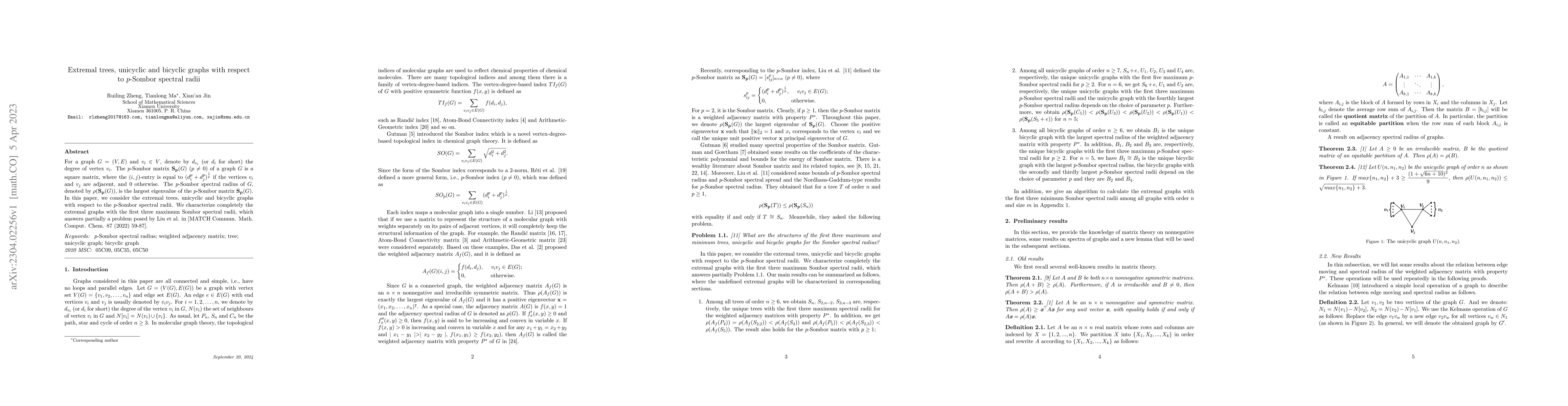 Thumbnail for Extremal trees, unicyclic and bicyclic graphs with respect to $p$-Sombor
  spectral radii