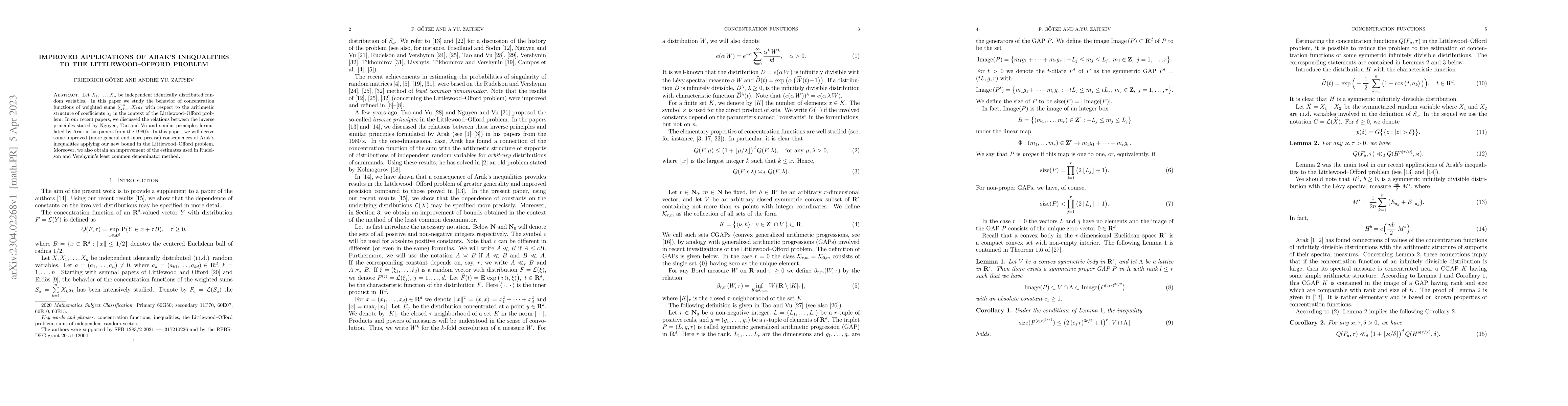 Thumbnail for Improved applications of Arak's inequalities to the Littlewood-Offord
  problem