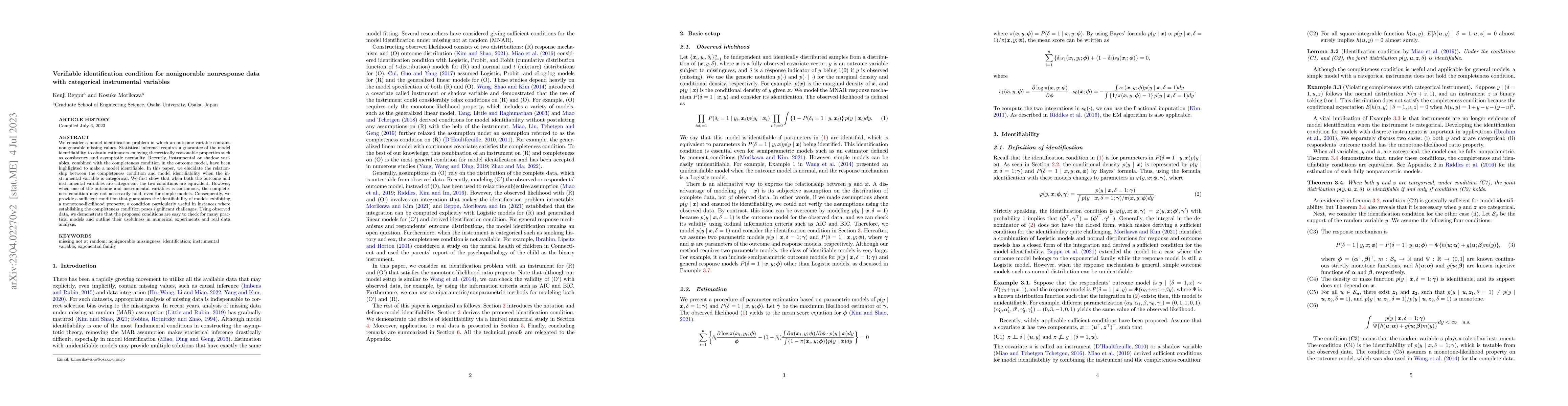 Thumbnail for Verifiable identification condition for nonignorable nonresponse data
  with categorical instrumental variables
