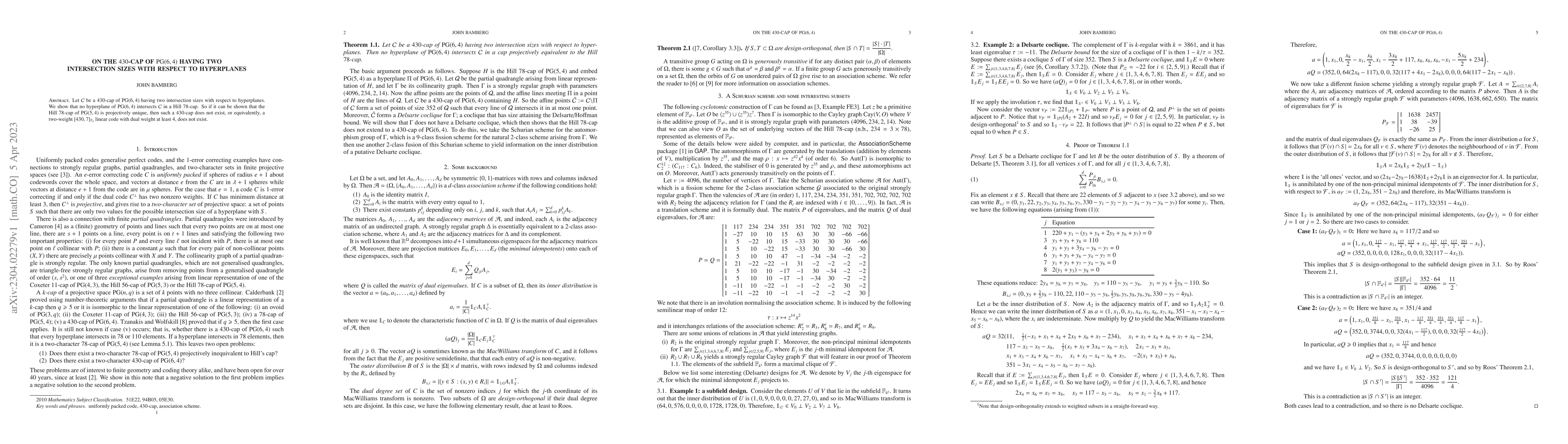 Thumbnail for On the 430-cap of $\mathrm{PG}(6,4)$ having two intersection sizes with
  respect to hyperplanes