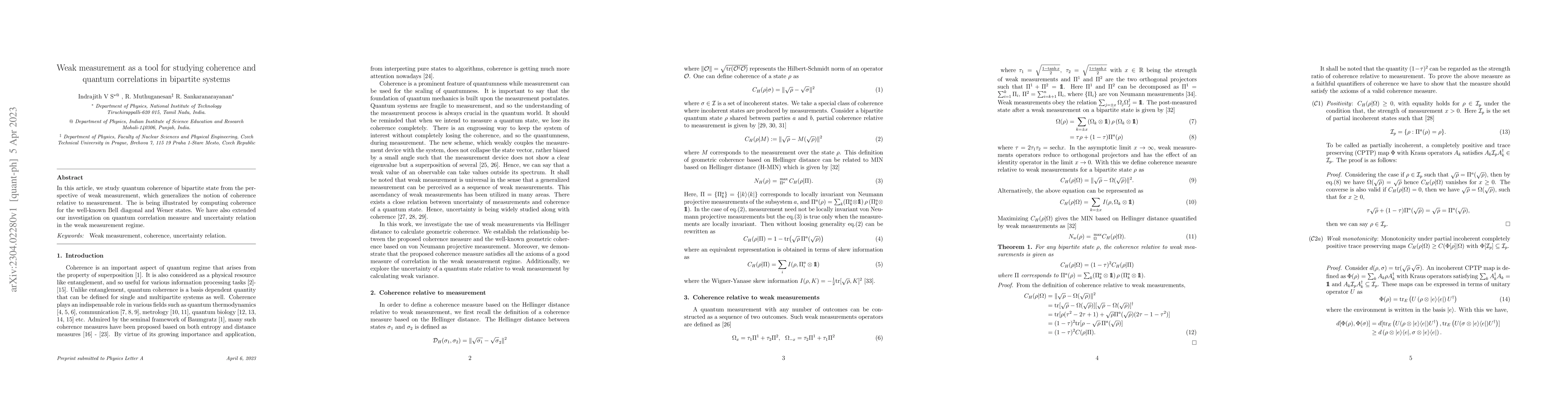Thumbnail for Weak measurement as a tool for studying coherence and quantum
  correlations in bipartite systems