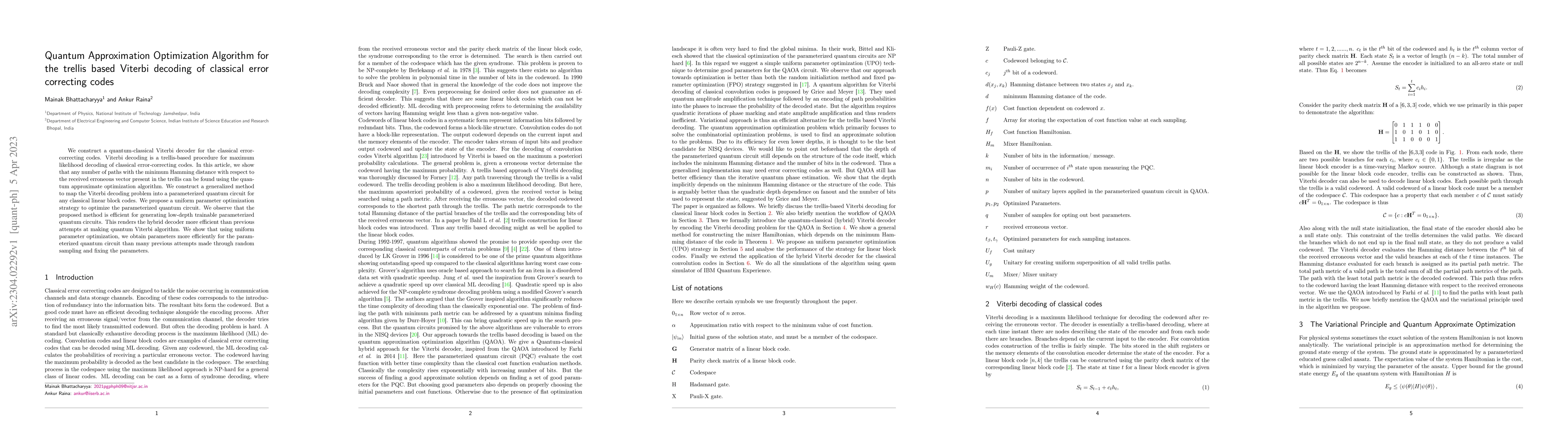 Thumbnail for Quantum Approximation Optimization Algorithm for the trellis based
  Viterbi decoding of classical error correcting codes