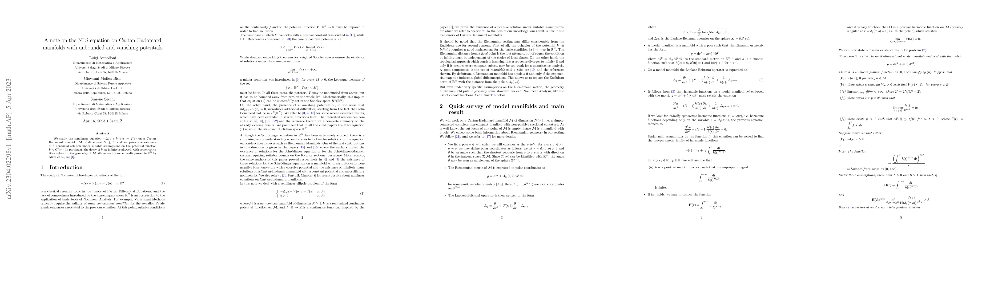 Thumbnail for A note on the NLS equation on Cartan-Hadamard manifolds with unbounded
  and vanishing potentials