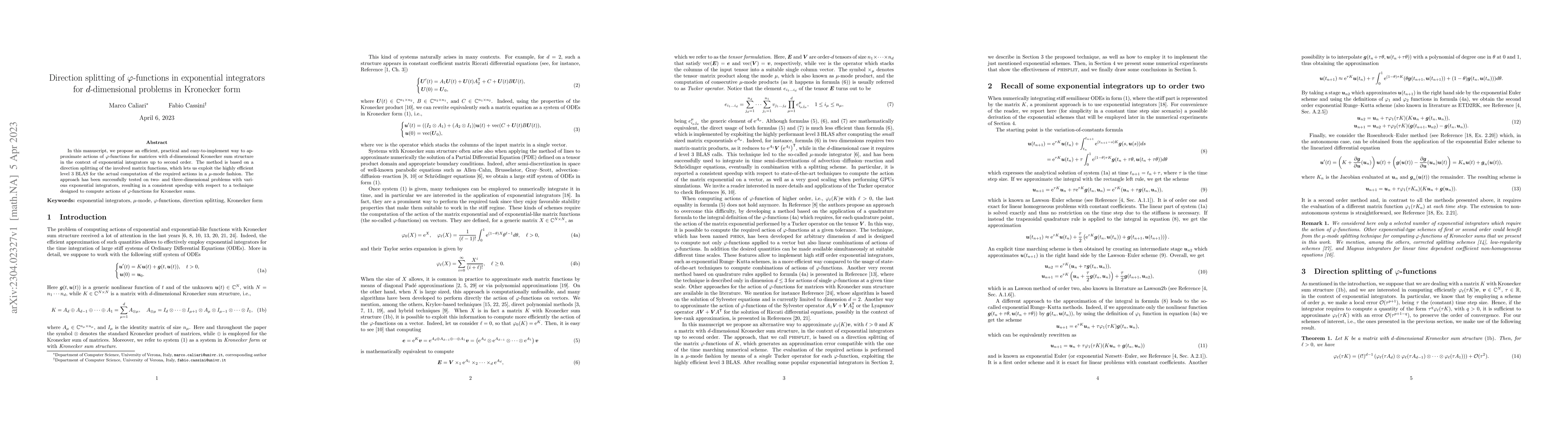 Thumbnail for Direction splitting of $\varphi$-functions in exponential integrators
  for $d$-dimensional problems in Kronecker form