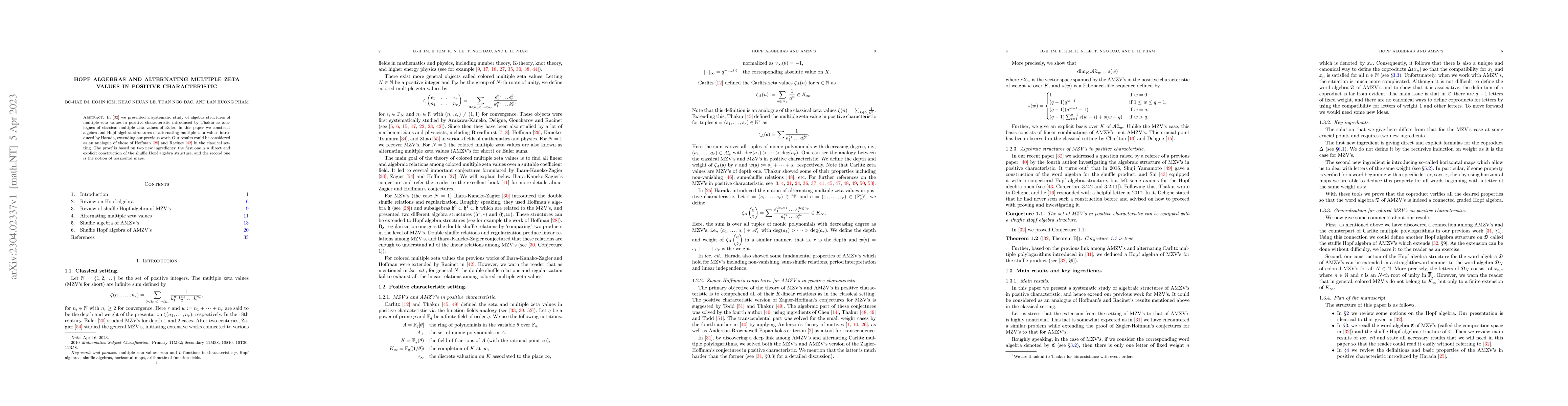 Thumbnail for Hopf algebras and alternating multiple zeta values in positive
  characteristic