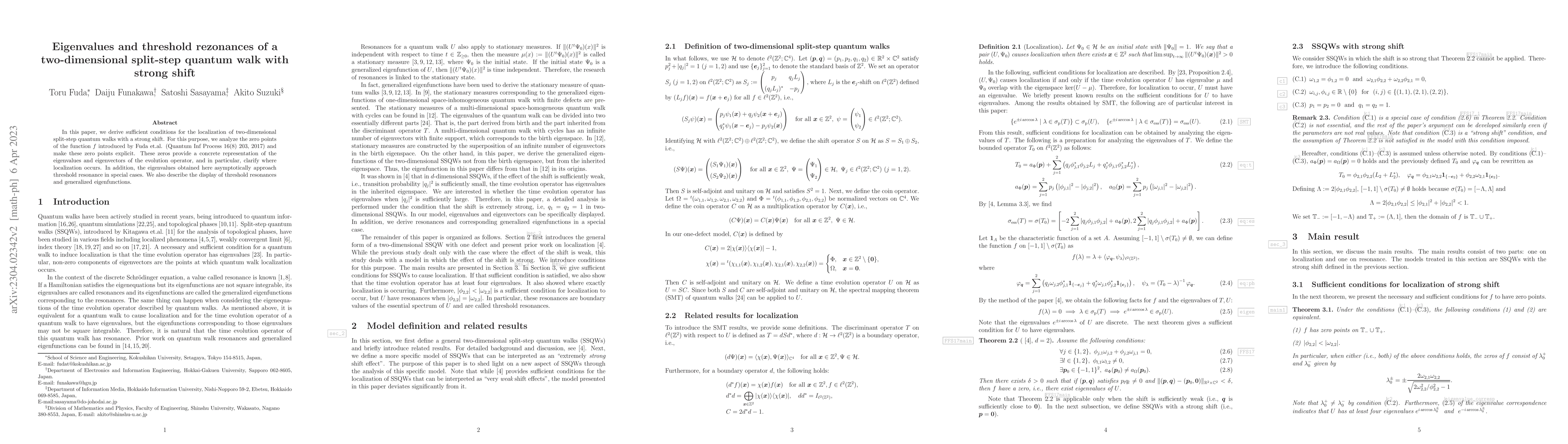 Thumbnail for Eigenvalues and threshold rezonances of a two-dimensional split-step
  quantum walk with strong shift