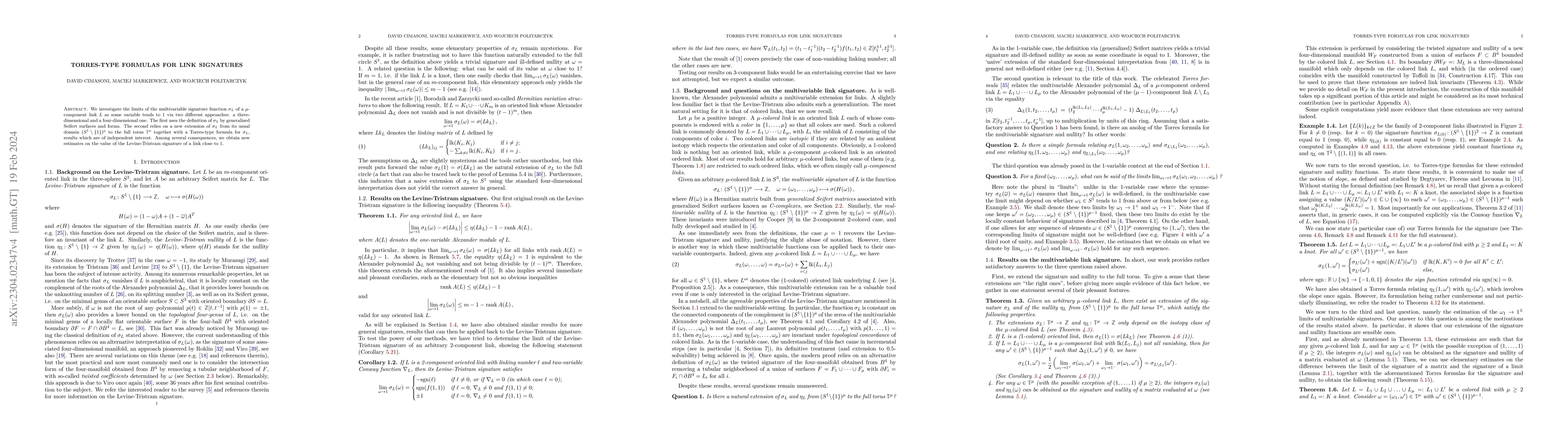 Thumbnail for Torres-type formulas for link signatures