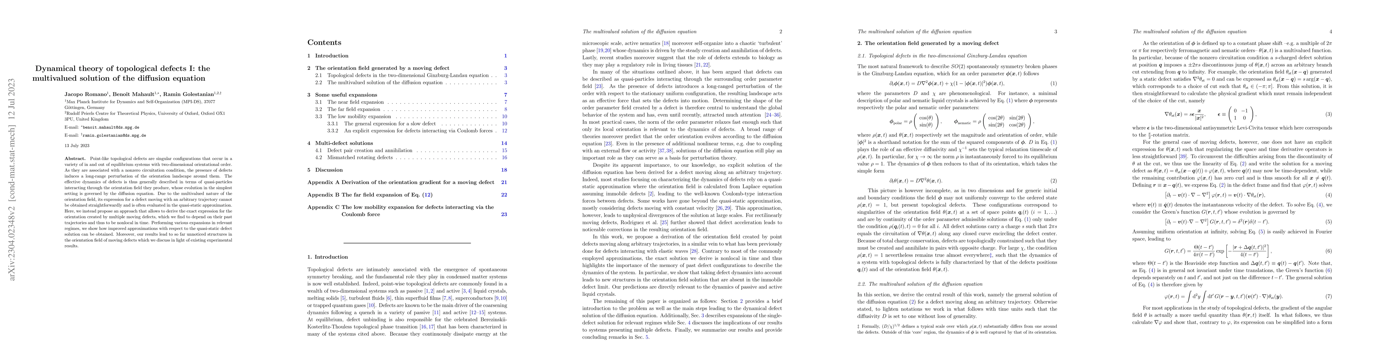 Thumbnail for Dynamical theory of topological defects I: the multivalued solution of
  the diffusion equation