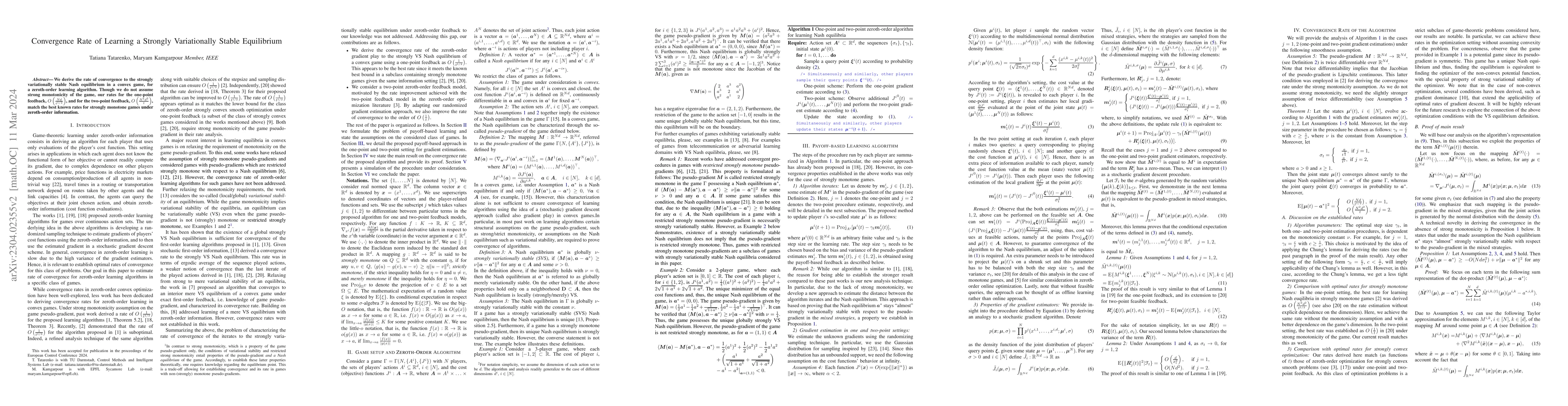 Thumbnail for Convergence Rate of Learning a Strongly Variationally Stable Equilibrium