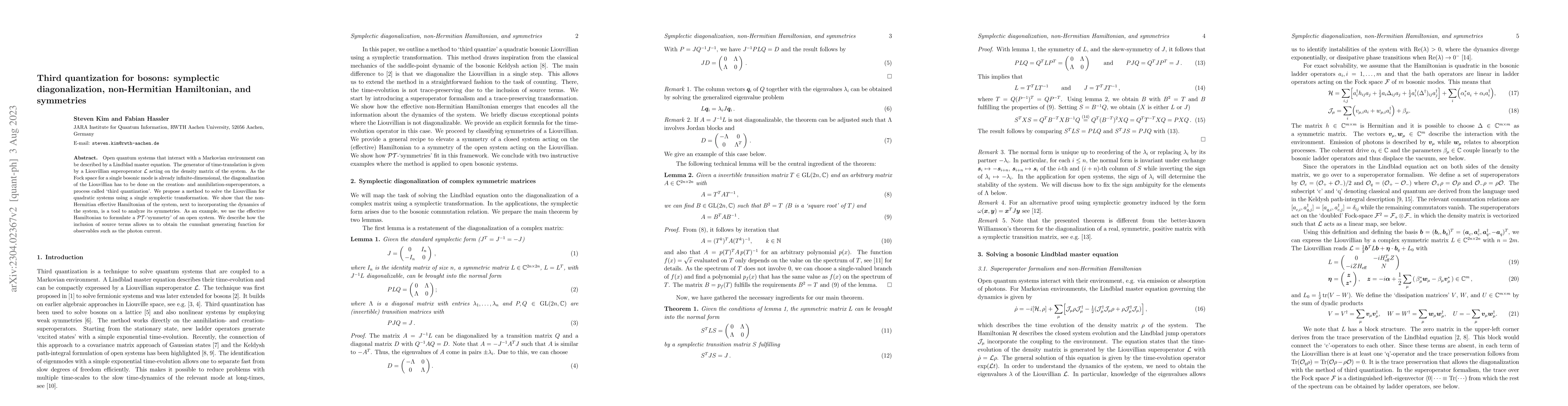 Thumbnail for Third quantization for bosons: symplectic diagonalization, non-Hermitian
  Hamiltonian, and symmetries