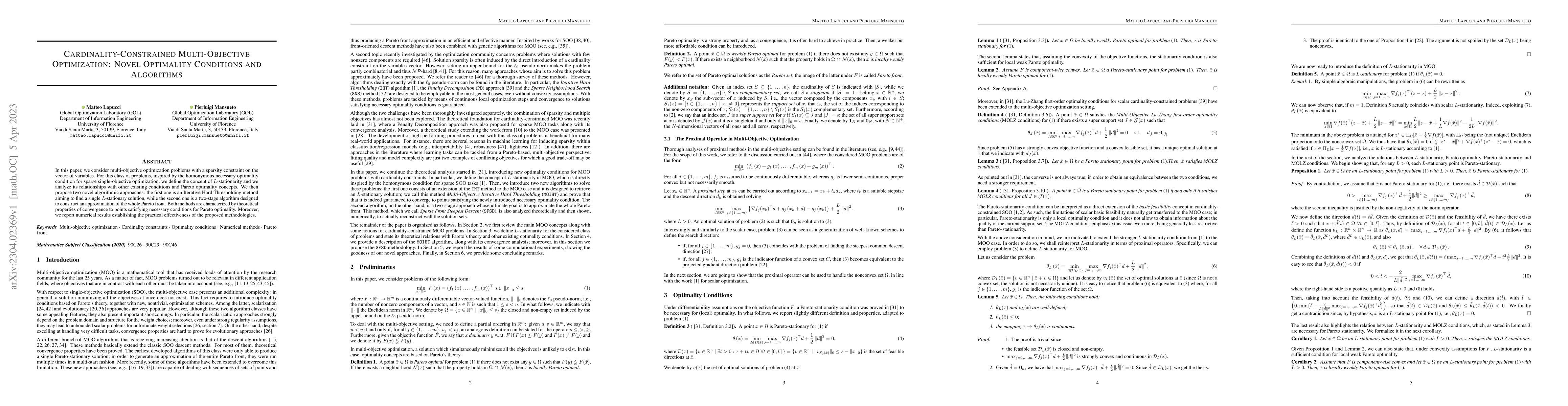 Thumbnail for Cardinality-Constrained Multi-Objective Optimization: Novel Optimality
  Conditions and Algorithms