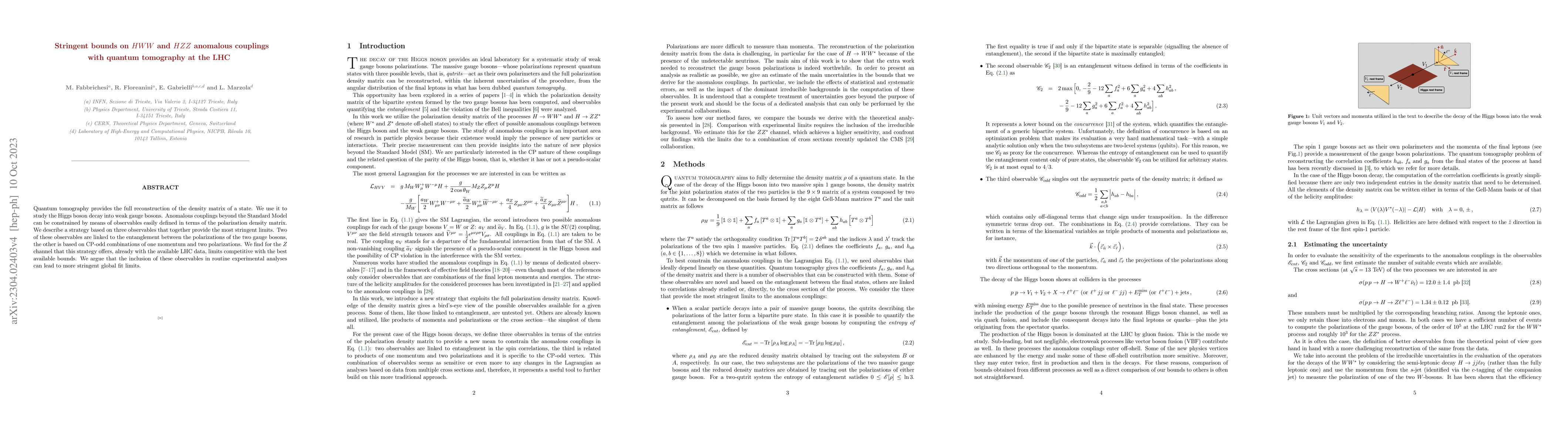 Thumbnail for Stringent bounds on $HWW$ and $HZZ$ anomalous couplings with quantum
  tomography at the LHC