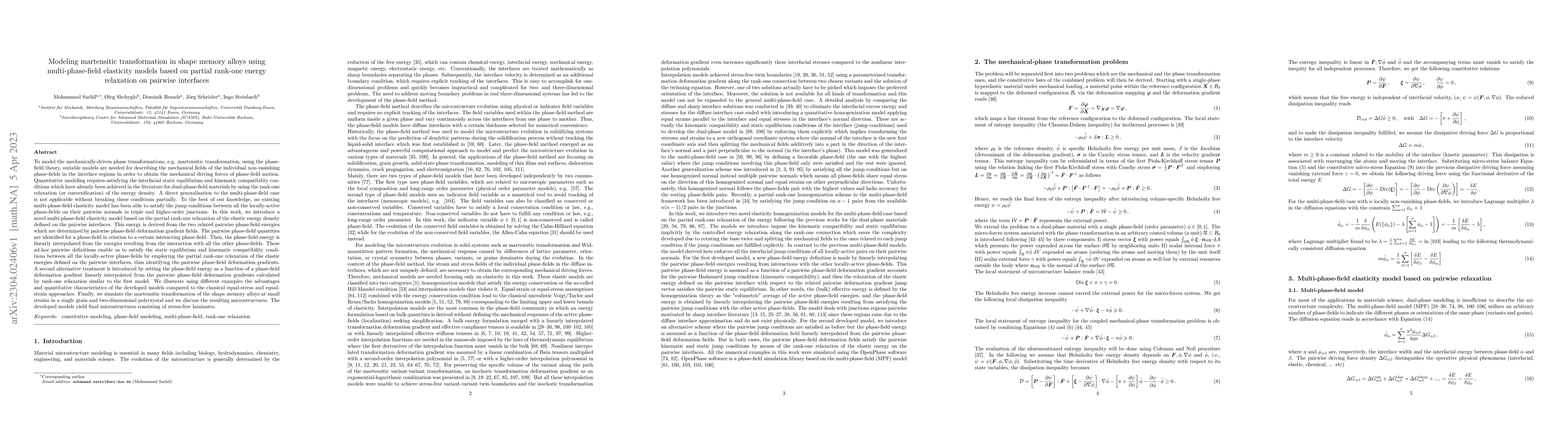 Thumbnail for Modeling martensitic transformation in shape memory alloys using
  multi-phase-field elasticity models based on partial rank-one energy
  relaxation on pairwise interfaces