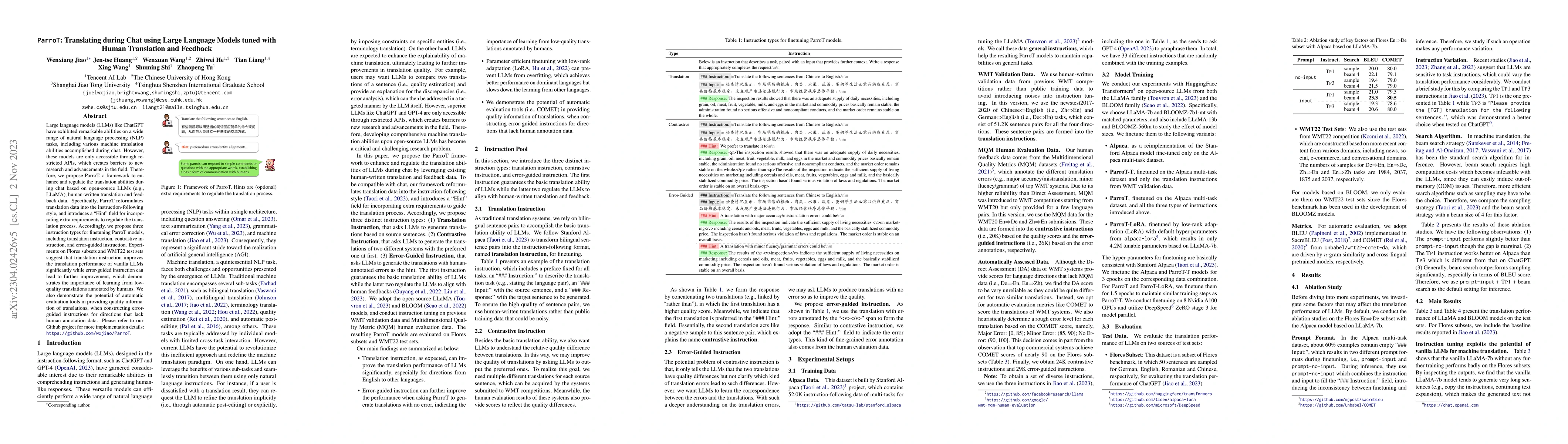 Thumbnail for ParroT: Translating during Chat using Large Language Models tuned with
  Human Translation and Feedback